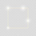 Gold shiny glowing vintage frame with shadows isolated on transparent background. Golden luxury realistic square border Royalty Free Stock Photo