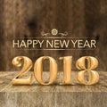 Gold shiny Happy New year 2018 3d rendering at wooden block table and blur wood wall,Holiday greeting card for social media. Royalty Free Stock Photo