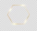 Gold shiny hexagon frane. Glowing decorative vintage octagon for birthday card or flyers