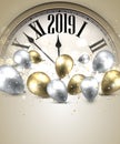 Gold 2019 New Year background with clock. Greeting card. Royalty Free Stock Photo