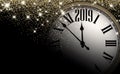Gold shiny 2019 New Year background with clock. Greeting card. Royalty Free Stock Photo
