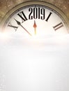 Gold 2019 New Year background with clock. Greeting card. Royalty Free Stock Photo