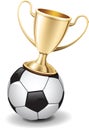 Gold shiny trophy cup on top of soccer ball