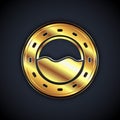 Gold Ship porthole with rivets and seascape outside icon isolated on black background. Vector Royalty Free Stock Photo