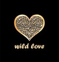 Gold shirt leopard print in heart shape on black background and wild love lettering