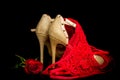 Gold shoes on black background with red rose and red knickers Royalty Free Stock Photo