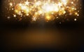 Gold shooting stars burst confetti falling holiday season, snowflakes and dust glowing blur magic fantasy on stage celebration Royalty Free Stock Photo