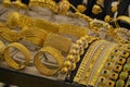 gold shop windows at istanbul grand bazar or Kapali Carsi, Turkey. Jewelry in the store window. A lot of luxury jewelry in the Royalty Free Stock Photo