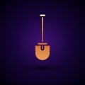 Gold Shovel icon isolated on black background. Gardening tool. Tool for horticulture, agriculture, farming. Vector