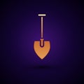 Gold Shovel icon isolated on black background. Gardening tool. Tool for horticulture, agriculture, farming. Vector