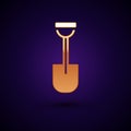 Gold Shovel icon isolated on black background. Gardening tool. Tool for horticulture, agriculture, farming. Vector