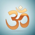 Gold sign Om. Symbol of Buddhism and Hinduism religions icon on blue background