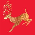 Gold silhouette of deer on red background.