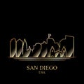 Gold silhouette of San Diego on black background Royalty Free Stock Photo