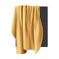 Gold silk fabric with pleats hanging from black box to hide 3D realistic presentation