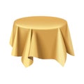 Gold silk fabric tablecloth on round table, 3D realistic blanket