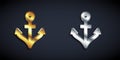 Gold and silver Anchor icon isolated on black background. Long shadow style. Vector Royalty Free Stock Photo