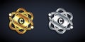 Gold and silver Atom icon isolated on black background. Symbol of science, education, nuclear physics, scientific