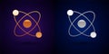 Gold and silver Atom icon isolated on black background. Symbol of science, education, nuclear physics, scientific