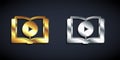 Gold and silver Audio book icon isolated on black background. Play button and book. Audio guide sign. Online learning Royalty Free Stock Photo