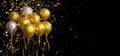 Gold and silver balloon with foil confetti falling on black background 3d render Royalty Free Stock Photo