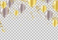 Gold and silver balloons, vector illustration. Confetti and ribbons, Celebration background template Royalty Free Stock Photo