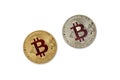 Gold and silver bitcoin coins on a white background. Digital cur Royalty Free Stock Photo