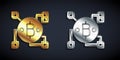 Gold and silver Blockchain technology Bitcoin icon isolated on black background. Abstract geometric block chain network Royalty Free Stock Photo