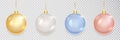 Gold, silver, blue, red christmas balls set. Xmas golden decoration. 3d luxury bauble design element. Clear glass hang Royalty Free Stock Photo