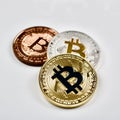 Gold silver and brass bitcoin coins Royalty Free Stock Photo