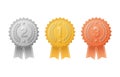 Gold, silver, bronze award badges with color ribbons vector set. Metal medal trophy seals for winners of the 1st, 2nd & 3rd places Royalty Free Stock Photo