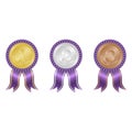 Gold, silver and bronze award medals vector design isolated on white background. 1st, 2nd and 3rd place badge vector design