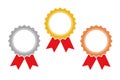 Gold silver and bronze award red ribbon medals