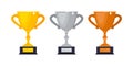 Gold, silver and bronze award trophy goblet cup icon sign flat style design vector illustration. Royalty Free Stock Photo