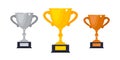 Gold, silver and bronze award trophy goblet cup icon sign flat style design vector illustration. Royalty Free Stock Photo