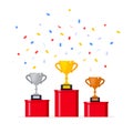 Gold, silver and bronze award trophy goblet cup icon sign flat style design vector illustration. Royalty Free Stock Photo