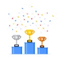 Gold, silver and bronze award trophy goblet cup icon sign flat style design vector illustration. Royalty Free Stock Photo