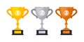 Gold, silver and bronze award trophy goblet cup icon sign flat style design vector illustration. Royalty Free Stock Photo