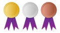 Purple ribbon Gold Silver Bronze blank winner medal, vector illustration