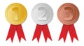 Red ribbon Gold Silver Bronze winner medal, vector illustration Royalty Free Stock Photo