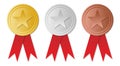 Red ribbon Gold Silver Bronze winner medal with star, vector illustration Royalty Free Stock Photo