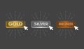 Gold Silver and Bronze buttons set with mouse click icon illustration Royalty Free Stock Photo