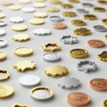 Gold, silver, and bronze coins scattered on a surface in an abstract configuration. Royalty Free Stock Photo