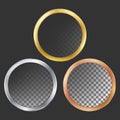 Gold, Silver, Bronze, Copper Metal Frames Vector. Round. Realistic Metallic Plates Illustration Royalty Free Stock Photo