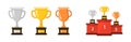 Gold, silver and bronze cups. Award for prizes. Cups on the pedestal. Vector set