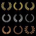 Gold, Silver, and Bronze Laurel Wreath Silhouette Icon Set. Success Chaplet Symbol. Champion Foliate Trophy Pictogram Royalty Free Stock Photo