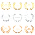 Gold, Silver, and Bronze Laurel Wreath Silhouette Icon Set. Success Chaplet Symbol. Champion Foliate Trophy Pictogram Royalty Free Stock Photo