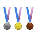 Set of vector medals. Gold, silver and bronze medal on blue and pink ribbon. Isolated on white background. Royalty Free Stock Photo