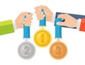 Gold, silver, bronze medal for first place in hand. Trophy, award for winner  isolated on background. Set of golden badge with Royalty Free Stock Photo