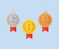 Gold, silver, bronze medal for first place. Trophy, award for winner  isolated on blue background. Set of golden badge with ribbon Royalty Free Stock Photo